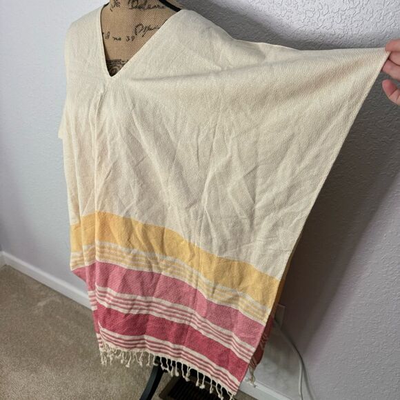 Tribe Alive Poncho One Size Pink Striped Fringed Cotton Beach Cover Up Boho - Picture 2 of 6